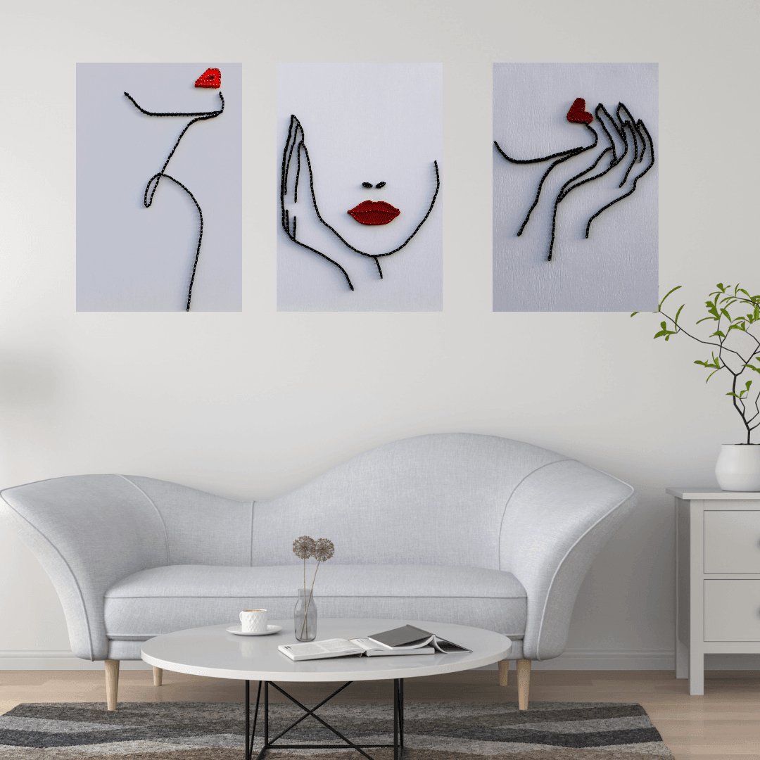 1çivi - String Art & One Line Art Tablo - 3'lü set Kiss & Confident & Red Lips - Tablo