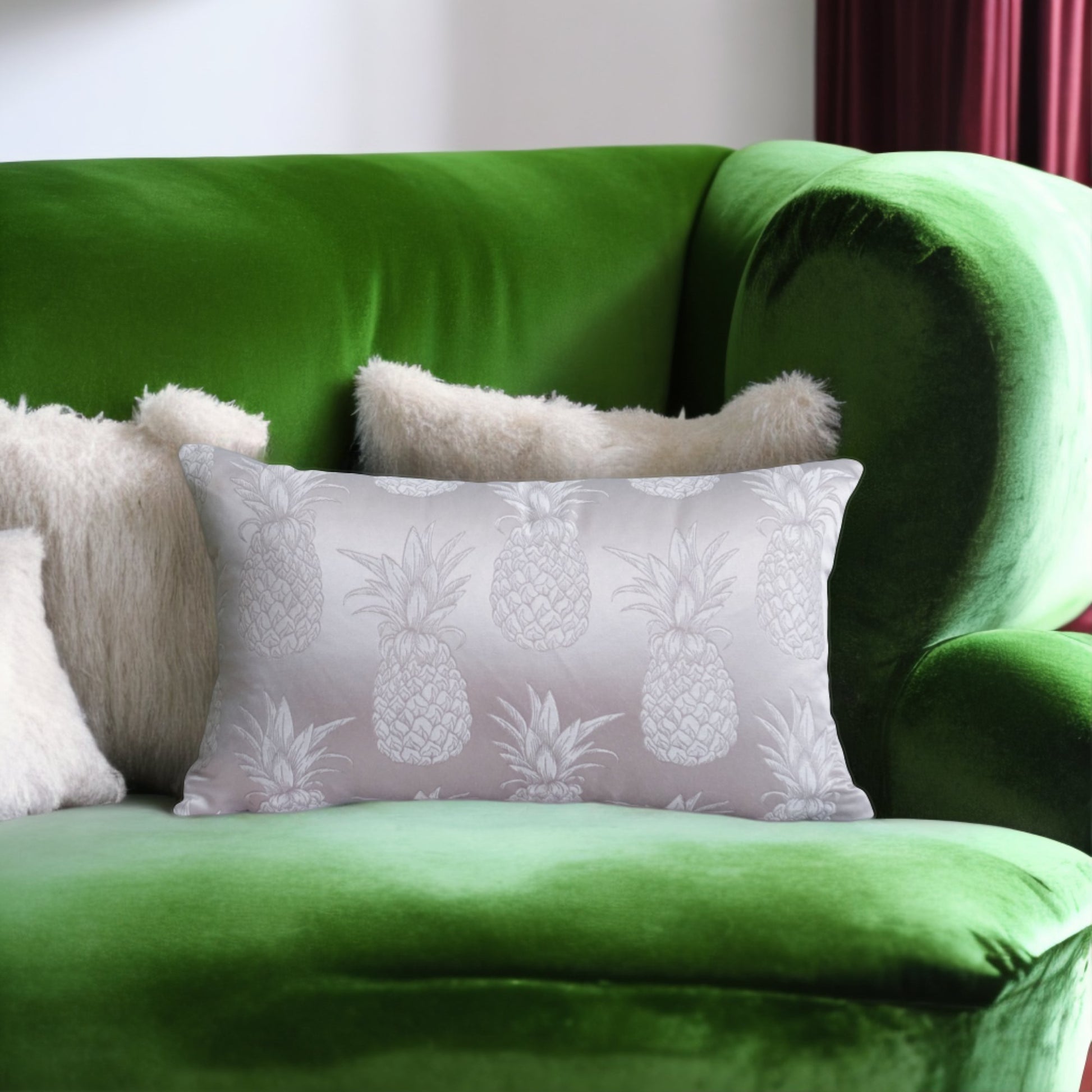 Ananaslı Tropikal Gümüş Gri ve Zümrüt Yeşili Yastık Kılıfı