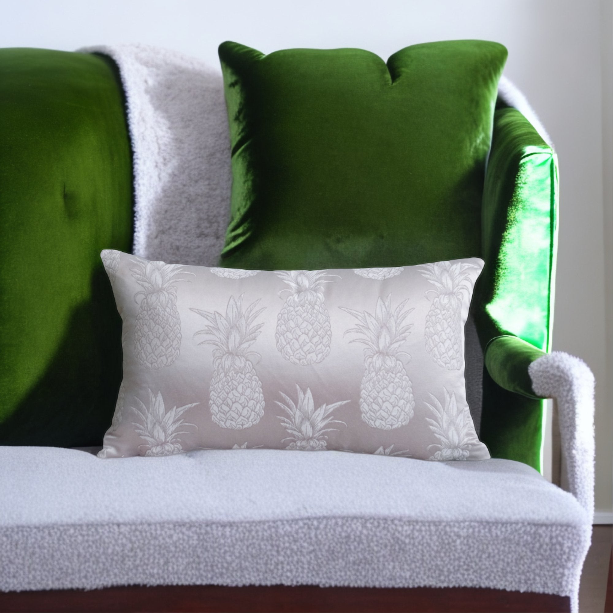 Ananaslı Tropikal Gümüş Gri ve Zümrüt Yeşili Yastık Kılıfı