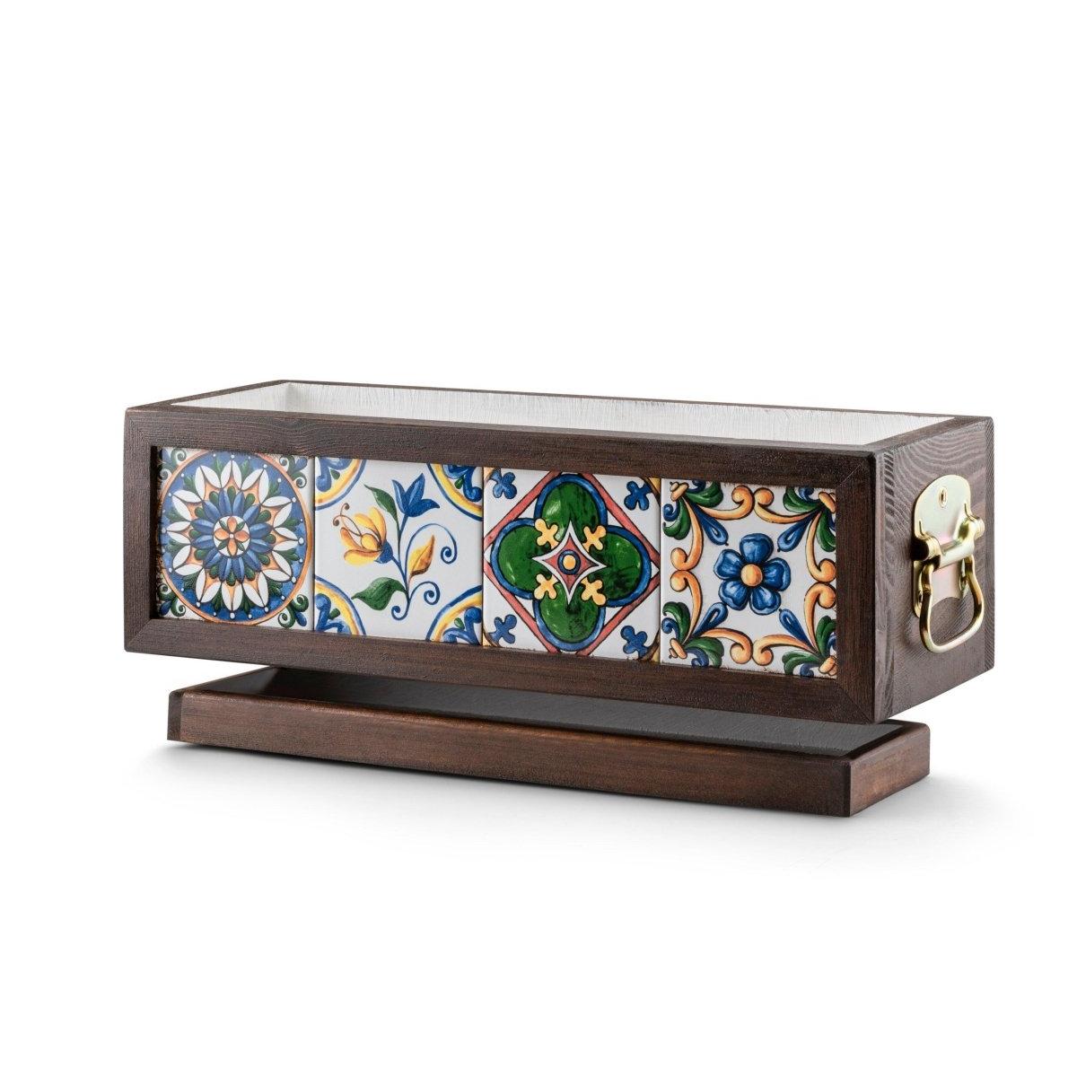 Çinili Ahşap Saksı - Ahşap Tepsi ve Metal Tutamaklı