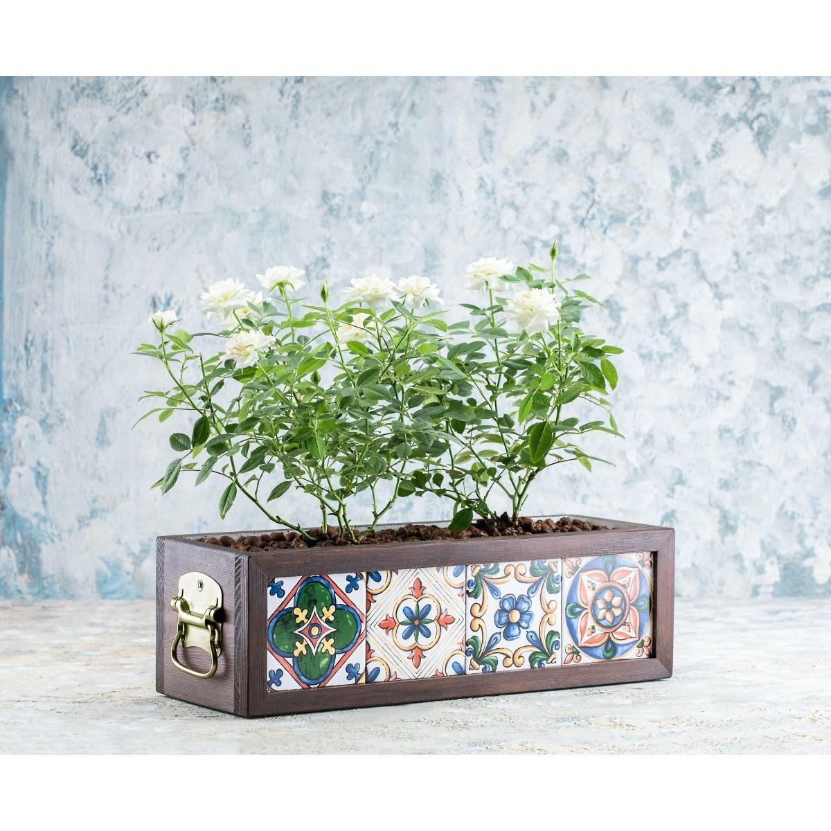 Çinili Ahşap Saksı - Ahşap Tepsi ve Metal Tutamaklı