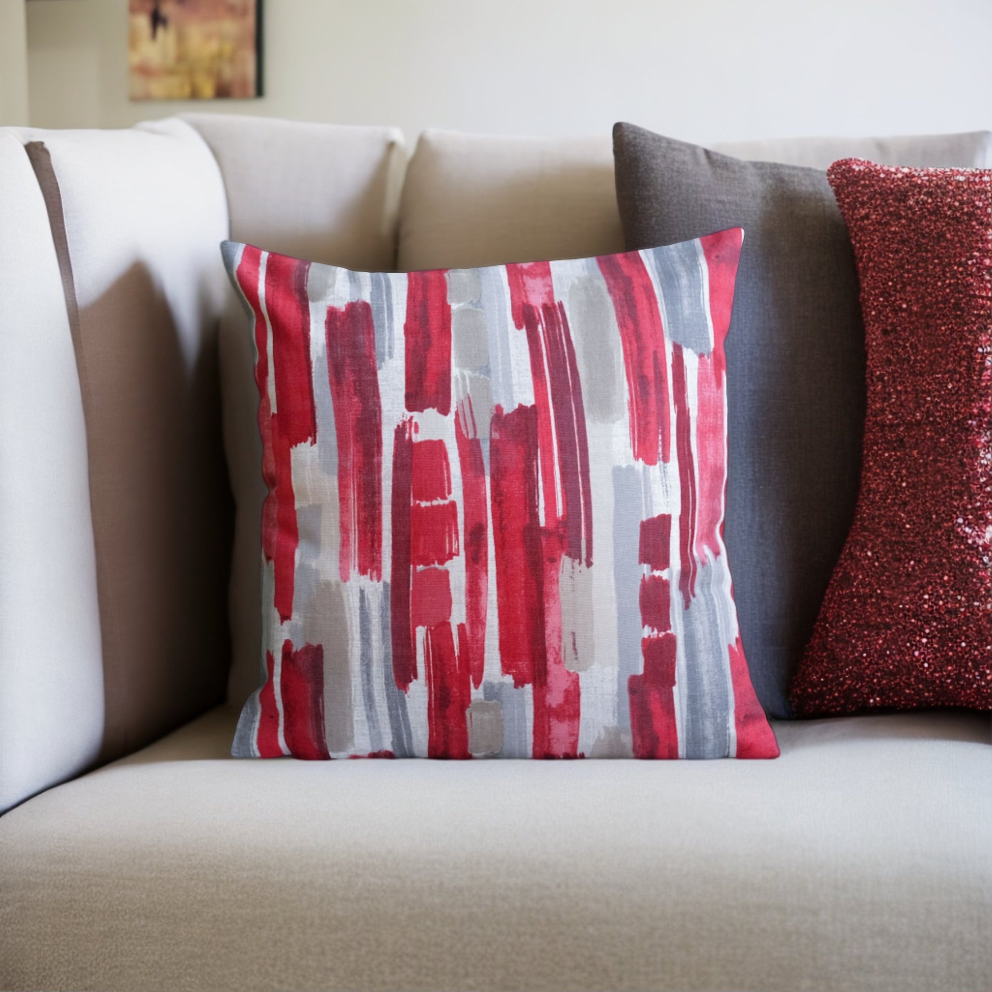 Kırmızı & Gri Fırça Darbeli Yastık Kılıfı