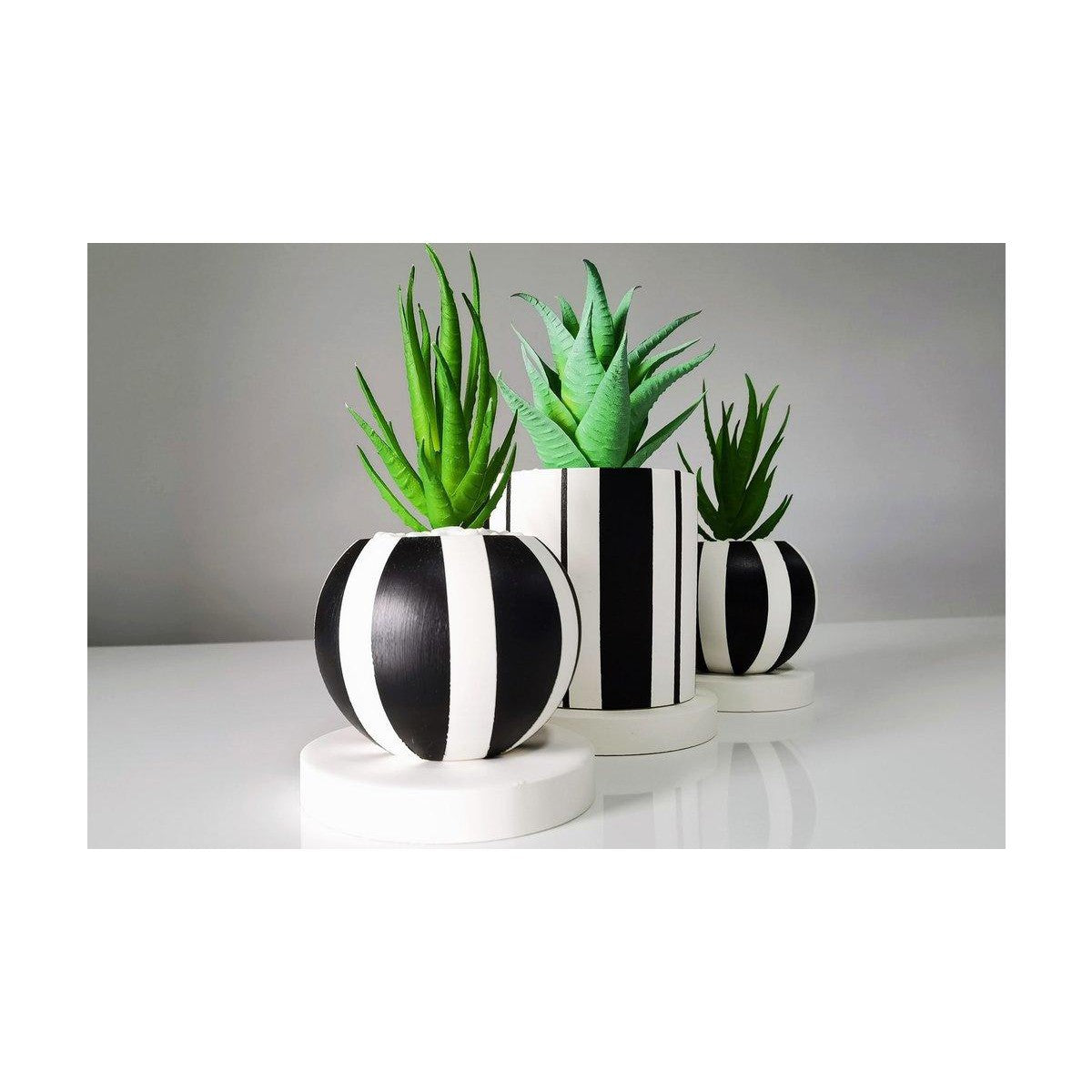 Stripe Üçlü Çiçekli Dekoratif Beton Saksı Seti