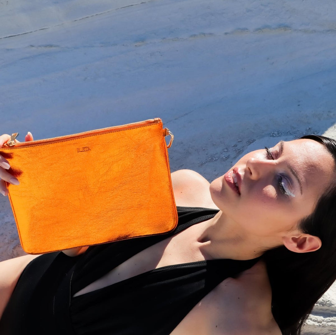 BLETA BAGS - MELLI Clutch Crystal Orange Hakiki Deri - Clutch