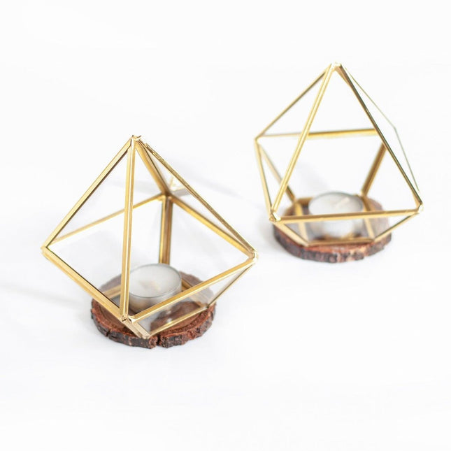 El Crea Designs - İkili Pirinç Gold Geometrik Teraryum Cam Fanus - Dekoratif Ürün