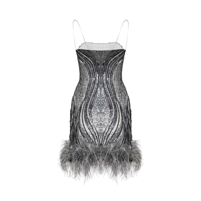 ESOTTE - Gia Otriş Tüy Detaylı Payetli Kısa Abiye Elbise - Elbise