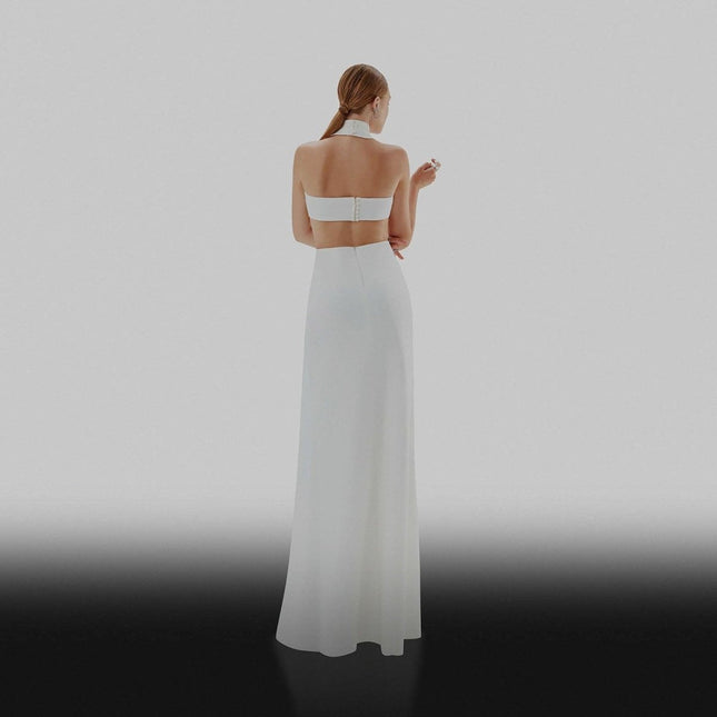 ESOTTE - IRIS Ekru Çift Yırtmaç Bacak Dekolteli 2 Parçalı Tasarım Abiye Elbise - Elbise
