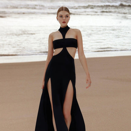 ESOTTE - IRIS Siyah Çift Yırtmaç Bacak Dekolteli 2 Parçalı Tasarım Abiye Elbise - Elbise