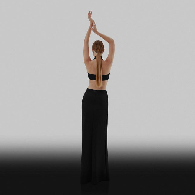 ESOTTE - IRIS Siyah Çift Yırtmaç Bacak Dekolteli 2 Parçalı Tasarım Abiye Elbise - Elbise
