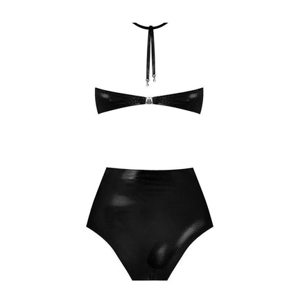 ESOTTE - Robin Parlak Siyah Büzgülü Biyeli Yüksek Bel Kadın Bikini Takımı - Bikini