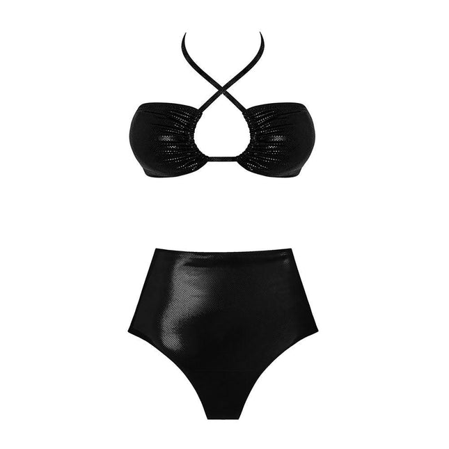 ESOTTE - Robin Parlak Siyah Büzgülü Biyeli Yüksek Bel Kadın Bikini Takımı - Bikini