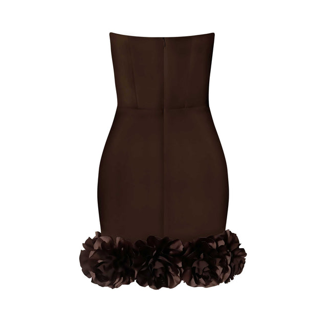 ESOTTE - Rosy Etek Ucu Çiçek Detaylı Straplez Korse Kahverengi Mini Abiye Elbise - Elbise