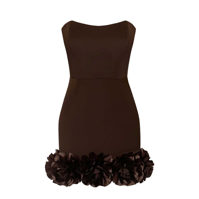 ESOTTE - Rosy Etek Ucu Çiçek Detaylı Straplez Korse Kahverengi Mini Abiye Elbise - Elbise