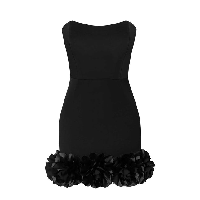 ESOTTE - Rosy Etek Ucu Çiçek Detaylı Straplez Korse Siyah Mini Abiye Elbise - Elbise