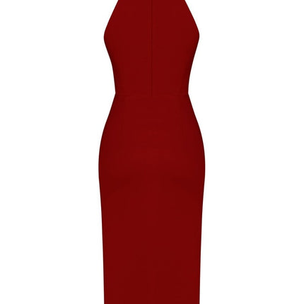ESOTTE - Valerie Halter Yaka Midi Boy Krep Saten Kırmızı Abiye Elbise - Elbise
