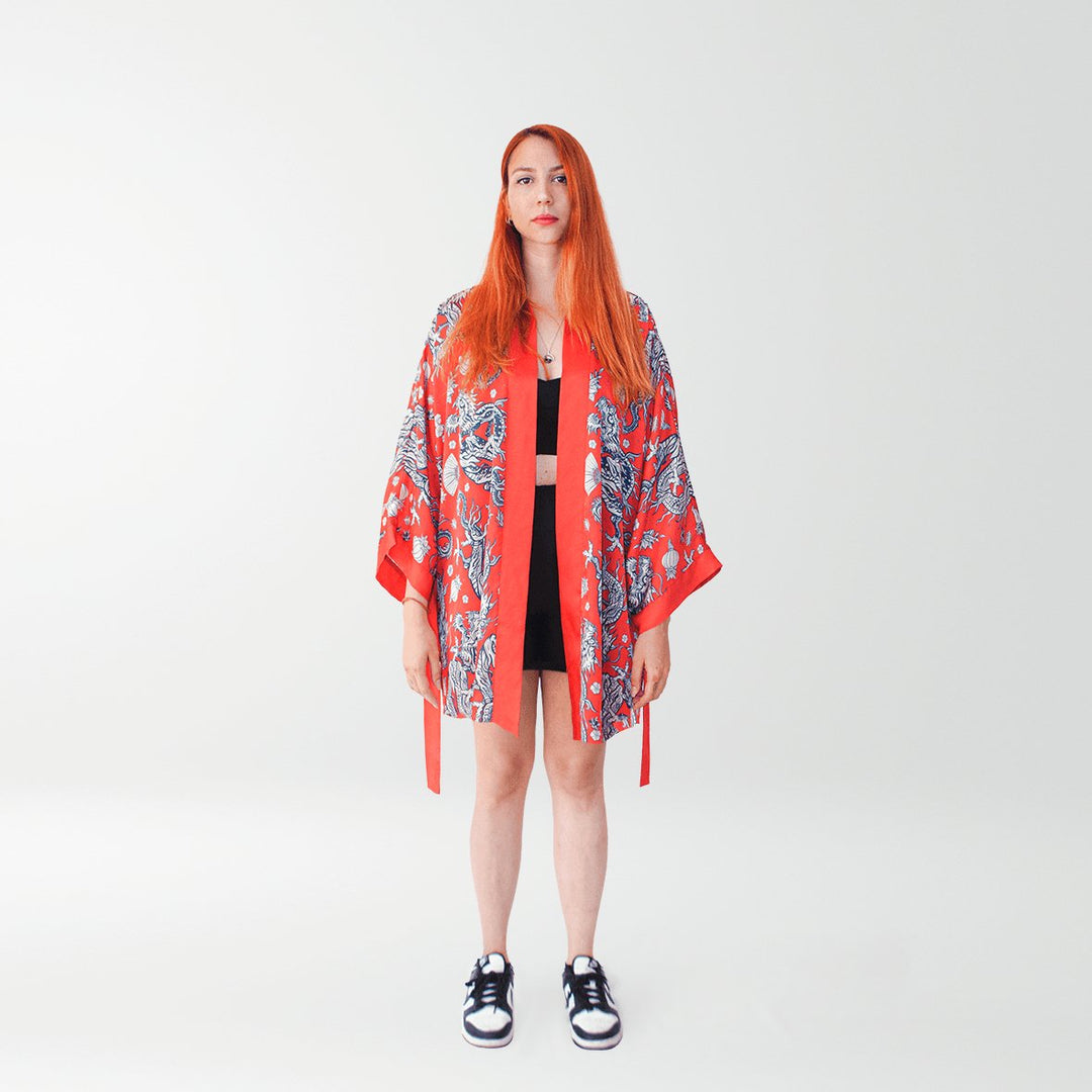 Helal Merch - Short Red Double Dragon Kimono - Kimono