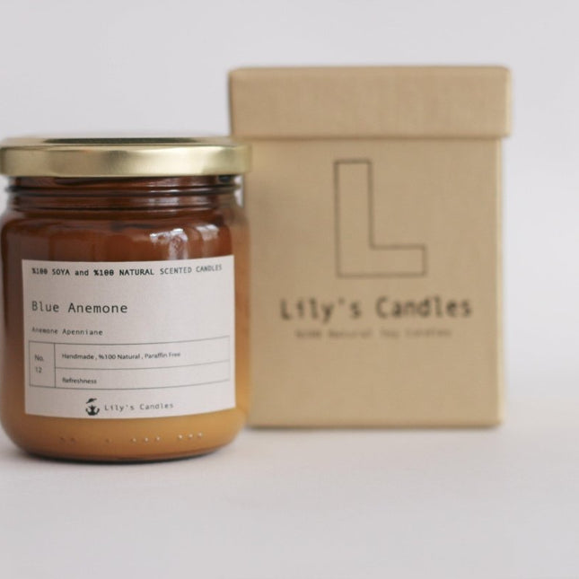 Lily's Candles - Mavi Anemon Çiçeği Kahverengi Cam %100 Doğal Mum - Mum