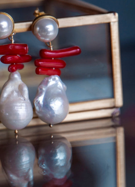 Linya Jewellery - Kırmızı Mercan Barok İnci Küpe - Küpe