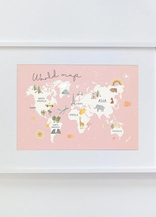 Little Forest Animals - Pink World Map with Animals Tablo - Tablo