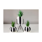 Liv Stil - Stripe Metal Ayaklı Çiçekli Üçlü Dekoratif Beton Saksı Seti - Saksı