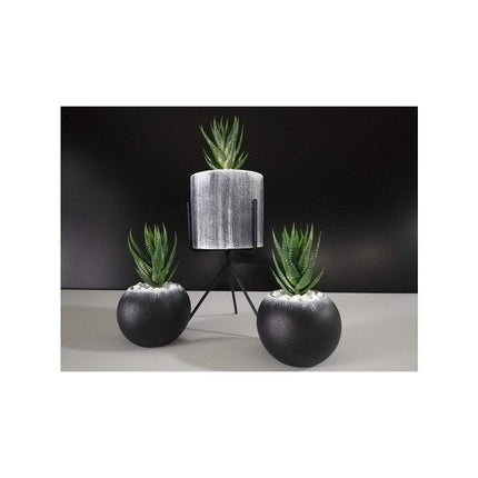 Liv Stil - Tasarım Metal Ayaklı Çiçekli Üçlü Beton Saksı Seti Siyah Beyaz - Saksı