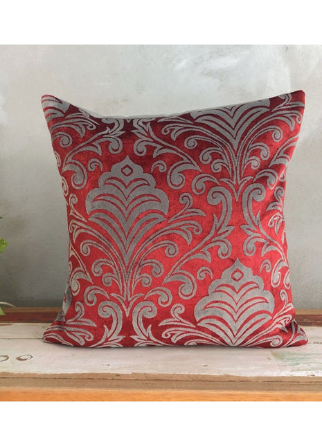 MILIVA HOME - Damask Desenli Bordo Gri Kadife Yastık Kılıfı - Kırlent Kılıfı