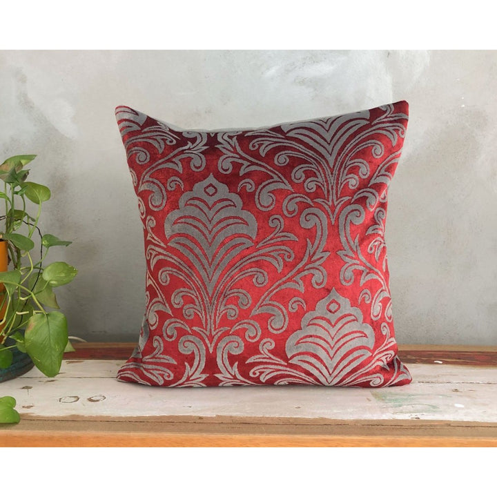 MILIVA HOME - Damask Desenli Bordo Gri Kadife Yastık Kılıfı - Kırlent Kılıfı