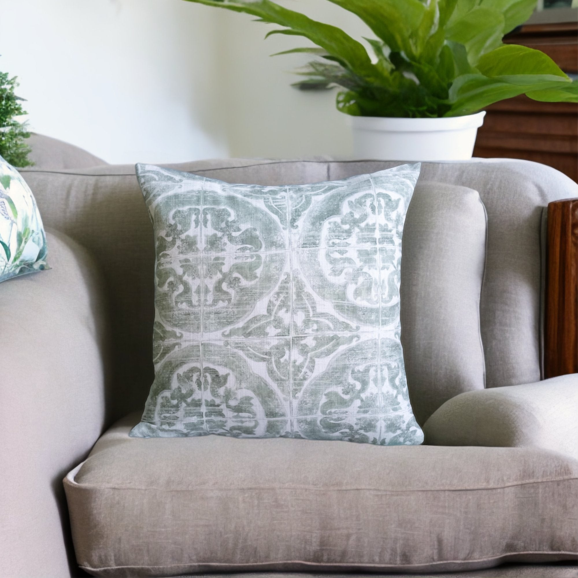 Yeşil Beyaz Eskitilmiş Görünümlü Blok Baskı Yastık Kılıfı