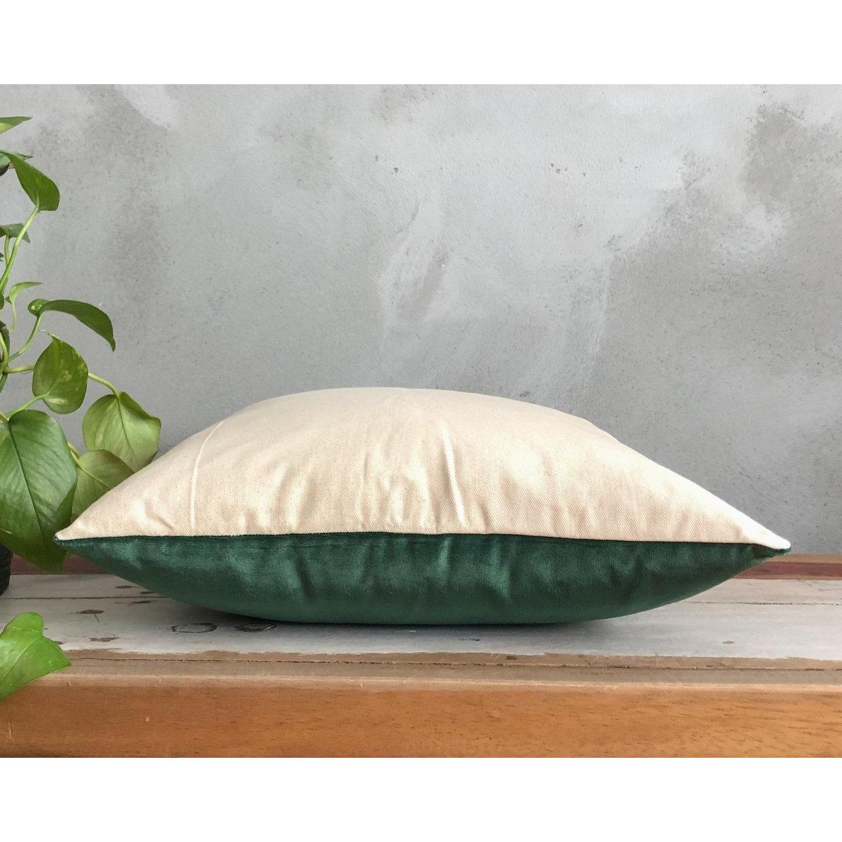 Zümrüt Yeşili Kadife & Krem Ham Keten Yastık Kılıfı