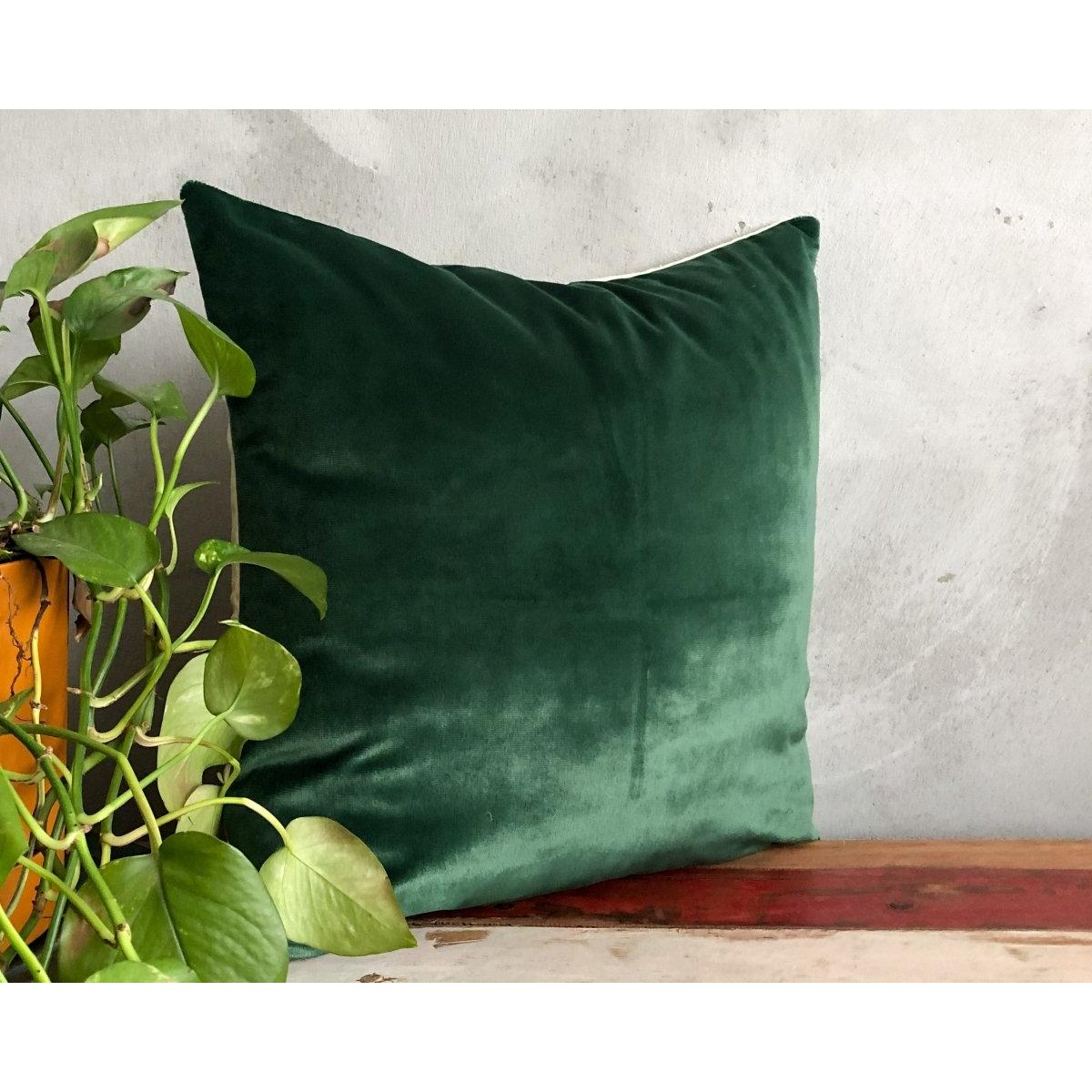Zümrüt Yeşili Kadife & Krem Ham Keten Yastık Kılıfı