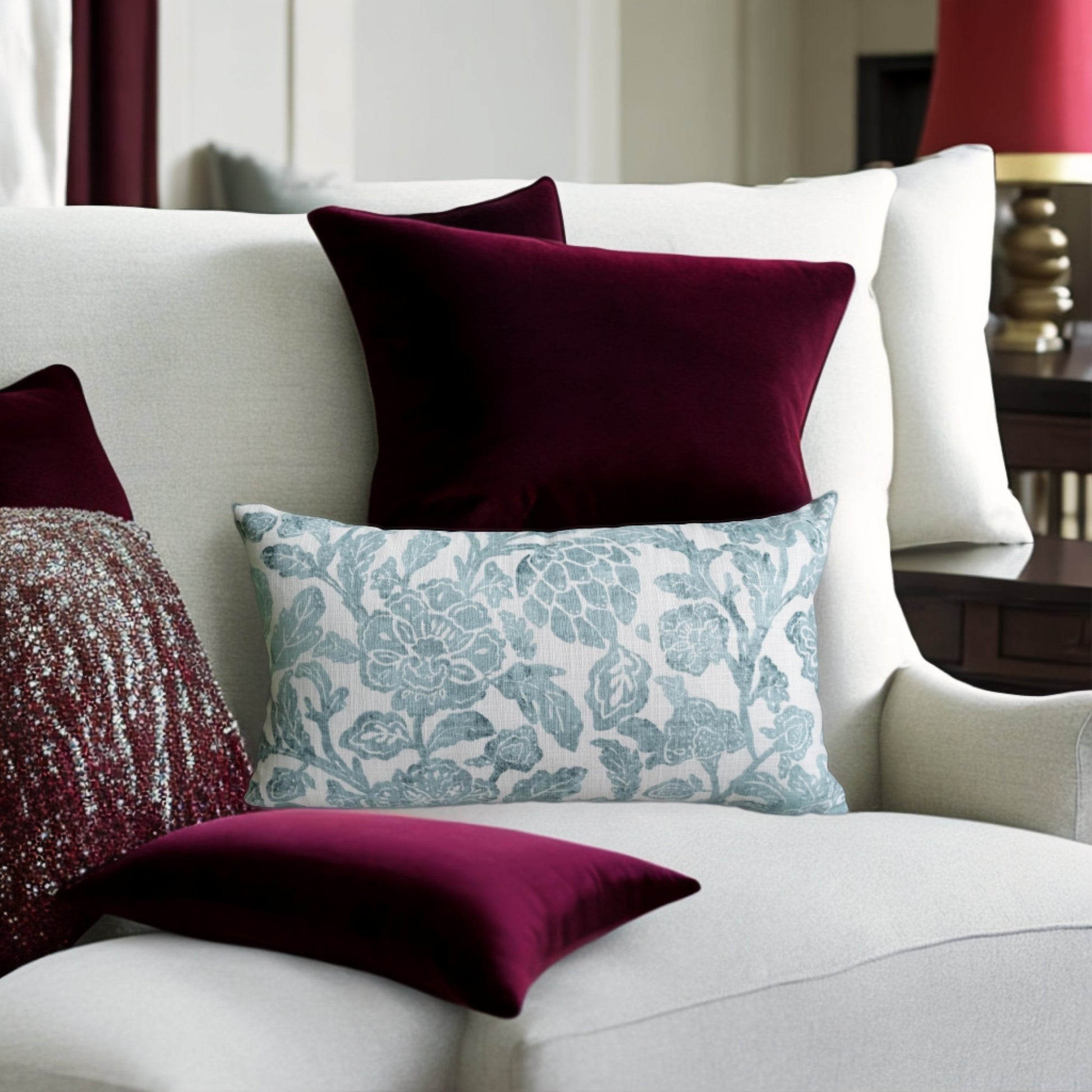 Yeşil Beyaz Çiçekli Taş Baskı Stili Yastık Kılıfı