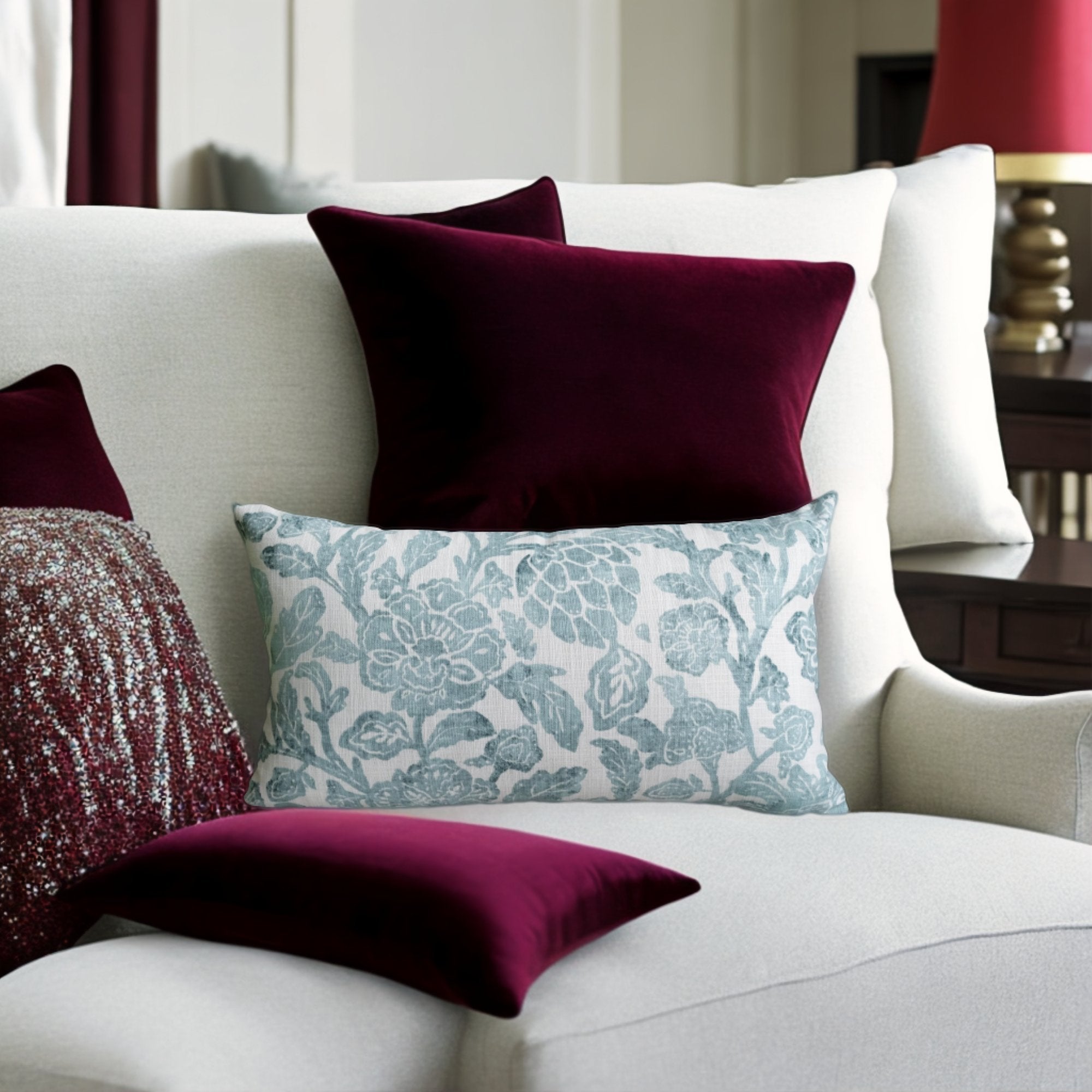 Yeşil Beyaz Çiçekli Taş Baskı Stili Yastık Kılıfı