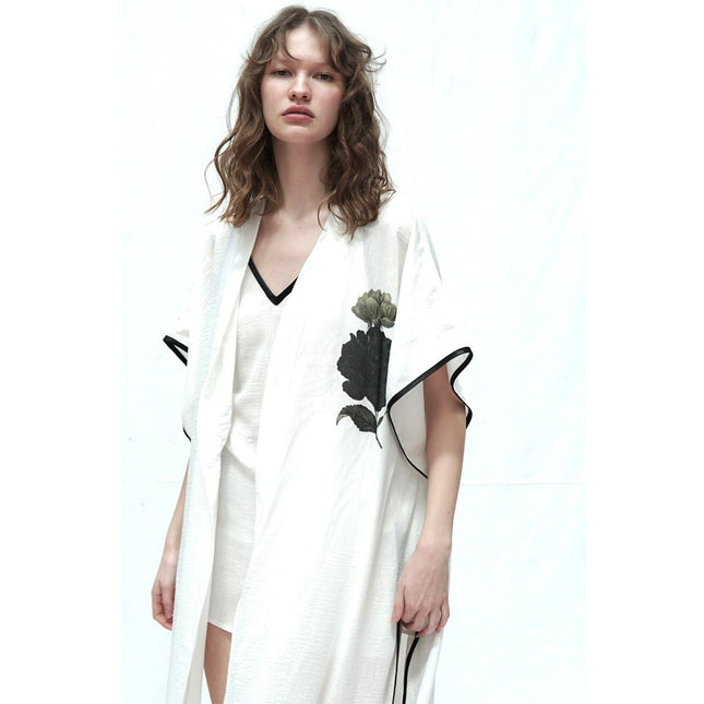 Mita Concept - %100 Beyaz Ham Keten Siyah Biyeli Abaya - Kimono