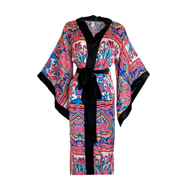 Mita Concept - Çiçek Desenli Siyah Patlı Yarasa Kol Kimono Sabahlık - Sabahlık