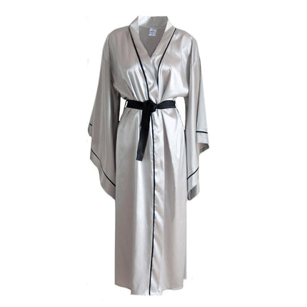 Mita Concept - Gri Siyah Biyeli Saten Yarasa Kol Kimono Sabahlık - Sabahlık