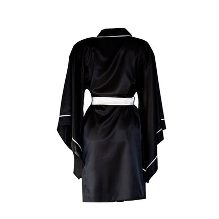 Mita Concept - İpeksi Beyaz Siyah Biyeli Yarasa Kol Kimono Sabahlık - Sabahlık