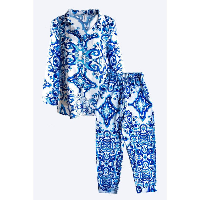 Mita Concept - İpeksi Çini Desenli Gömlekli Pijama Takım - Pijama Takımı