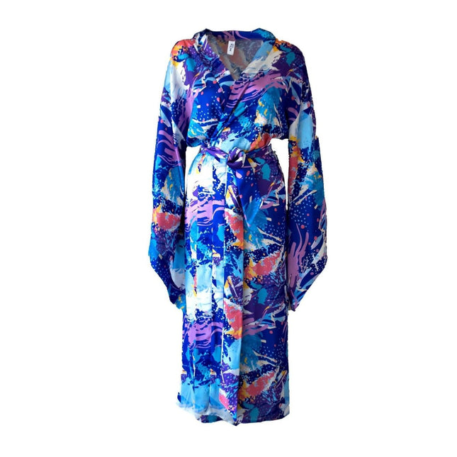 Mita Concept - İpeksi Fırça Desenli Saten Yarasa Kol Kimono Sabahlık - Sabahlık
