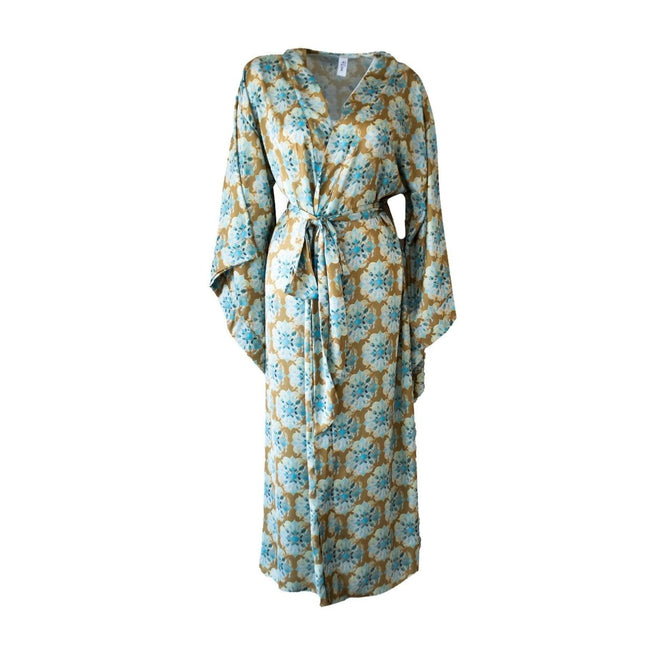 Mita Concept - İpeksi Gold Desenli Yarasa Kol Kimono Sabahlık - Sabahlık