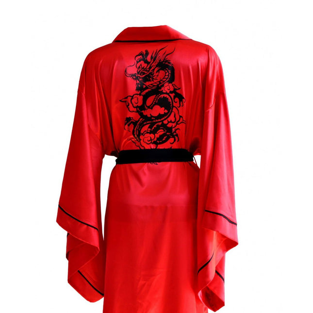 Mita Concept - İpeksi Kırmızı Siyah Biyeli Yarasa Kol Kimono Sabahlık - Sabahlık