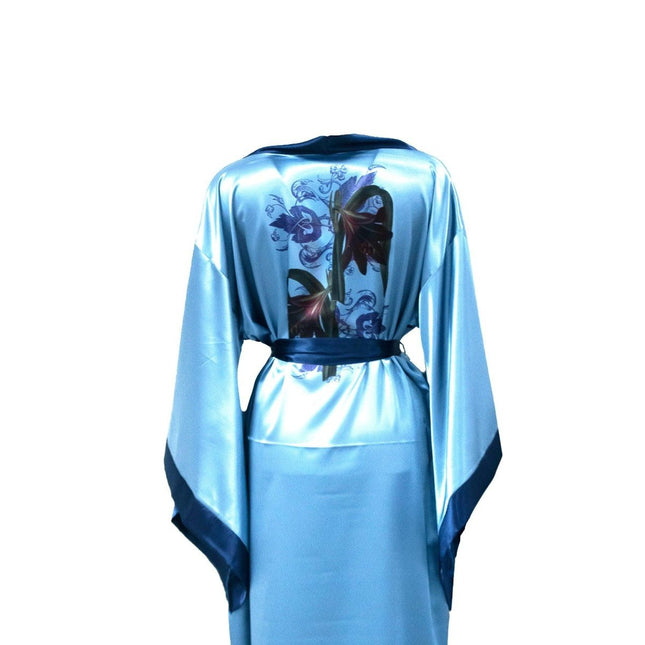Mita Concept - İpeksi Lacivert Patlı Mavi Yarasa Kol Kimono Sabahlık - Sabahlık