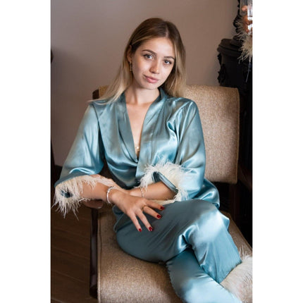 Mita Concept - İpeksi Petrol Yeşili Kol ve Pantolonu Deve Tüylü Kimono Takım - Pijama Takımı