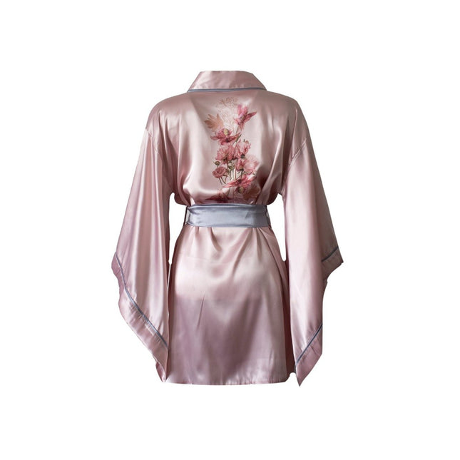 Mita Concept - İpeksi Pudra Gri Biyeli Yarasa Kol Kimono Sabahlık - Sabahlık