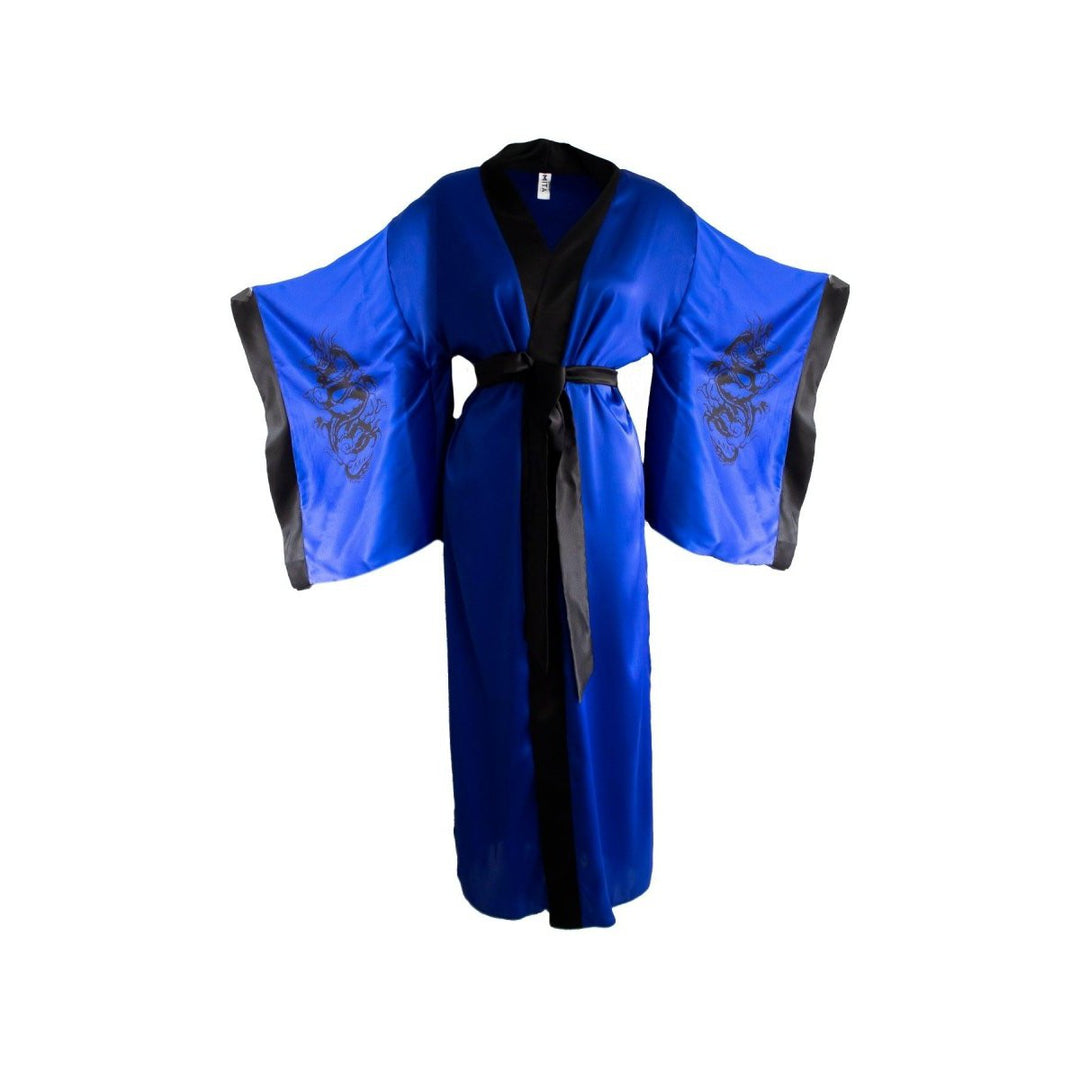 Mita Concept - İpeksi Saksın Mavi Kare Kol Ejderha Desenli Kimono Sabahlık - Kimono