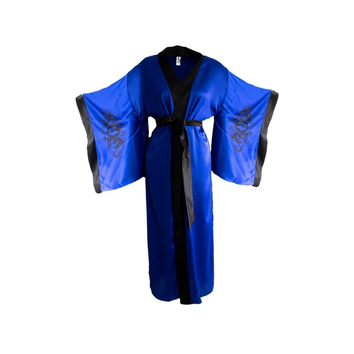 Mita Concept - İpeksi Saksın Mavi Kare Kol Ejderha Desenli Kimono Sabahlık - Kimono