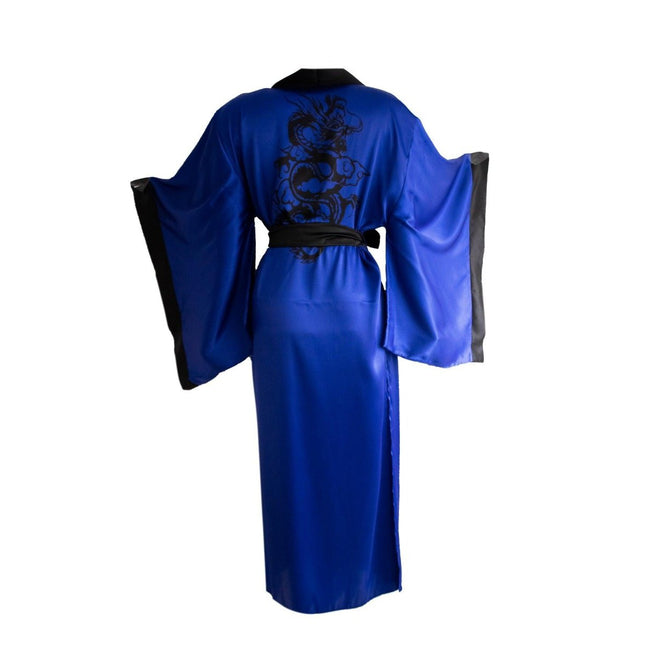 Mita Concept - İpeksi Saksın Mavi Kare Kol Ejderha Desenli Kimono Sabahlık - Kimono