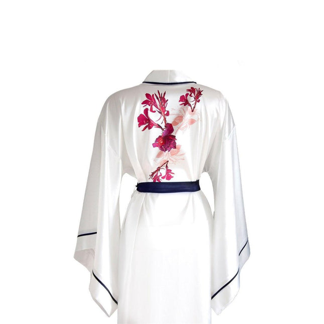 Mita Concept - İpeksi Saten Beyaz Lacivert Biyeli Yarasa Kol Kimono Sabahlık - Sabahlık