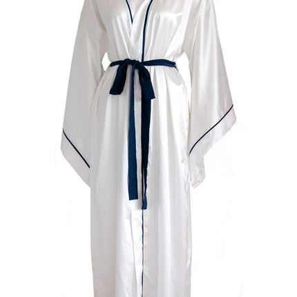 Mita Concept - İpeksi Saten Beyaz Lacivert Biyeli Yarasa Kol Kimono Sabahlık - Sabahlık