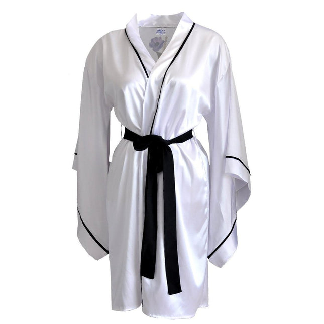Mita Concept - İpeksi Saten Beyaz Siyah Biyeli Yarasa Kol Kimono Sabahlık - Sabahlık