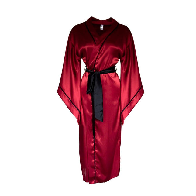 Mita Concept - İpeksi Saten Bordo Siyah Biyeli Yarasa Kol Kimono Sabahlık - Kimono